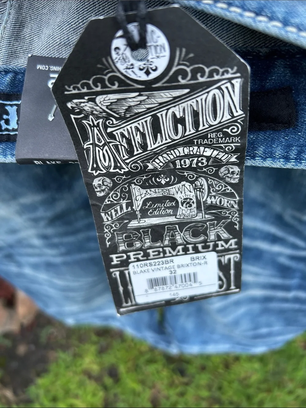 Affliction Blue Slim Straight Jeans with Embroidered Pocket Accents